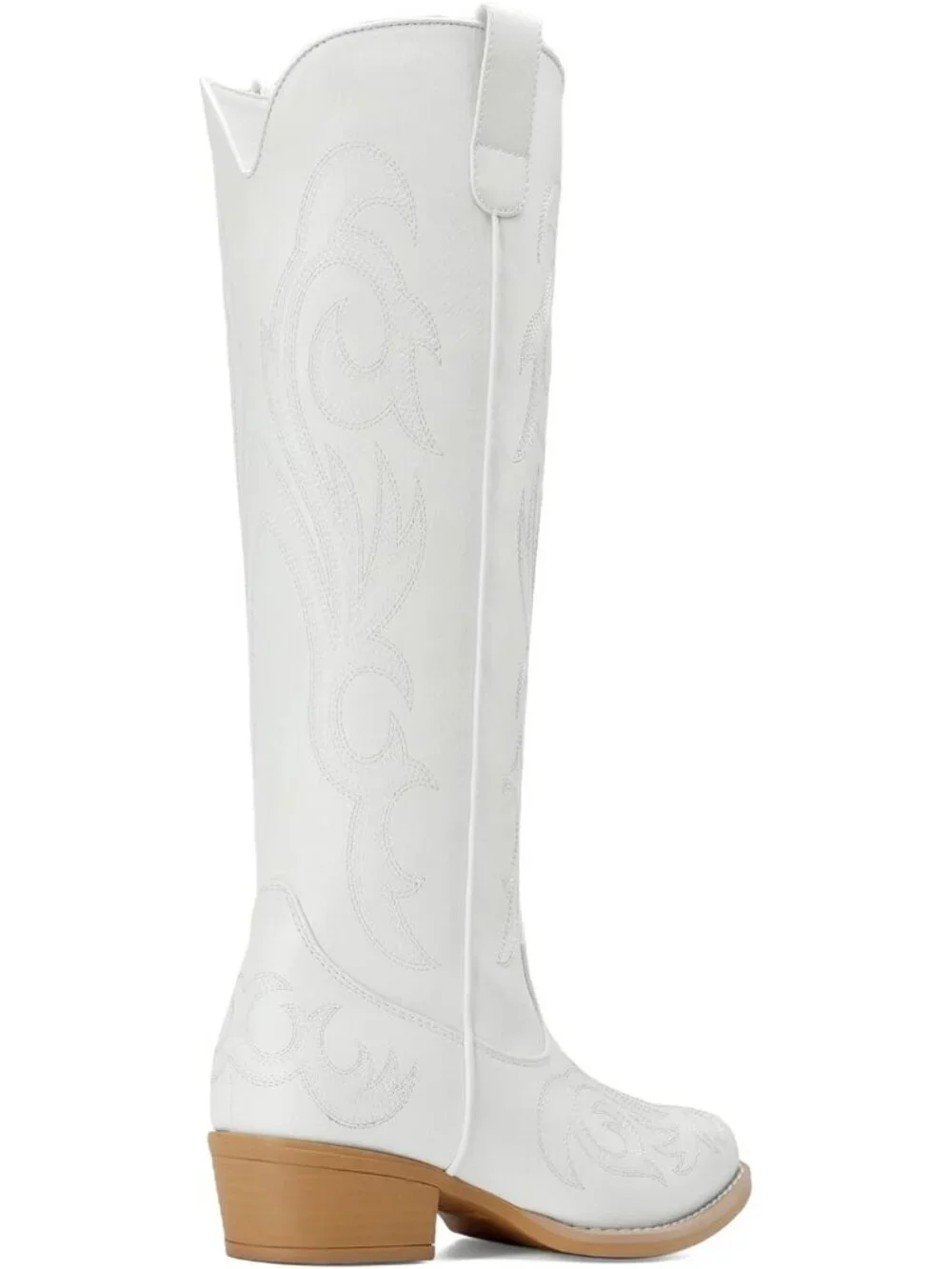 Women's White Rubber Cowgirl Knee High Pointed Toe Block Heel Embroiderd Boots